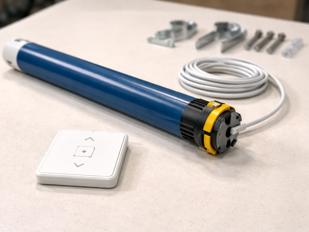 Somfy electric awning motor and compatible wall control setup on a workbench