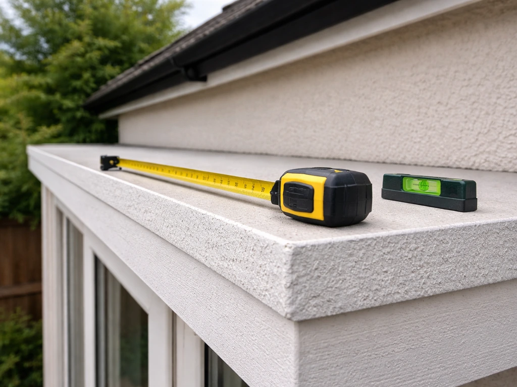 Measuring tape and spirit level on a UK patio wall/soffit while checking awning width and clearance
