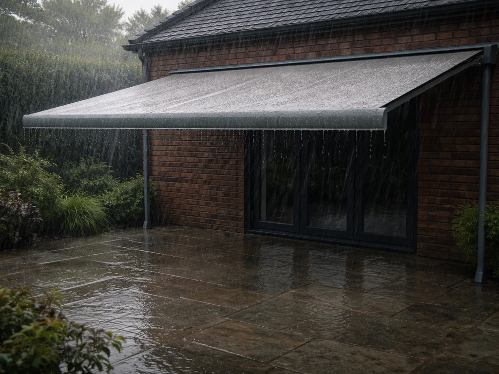 Patio awning in heavy rain and strong wind, showing a stable extended setup in a wet UK garden.