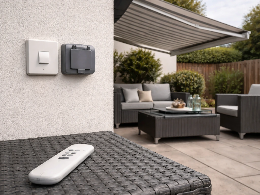 Handheld remote on a patio table with a wall switch beside an electric awning over outdoor seating.