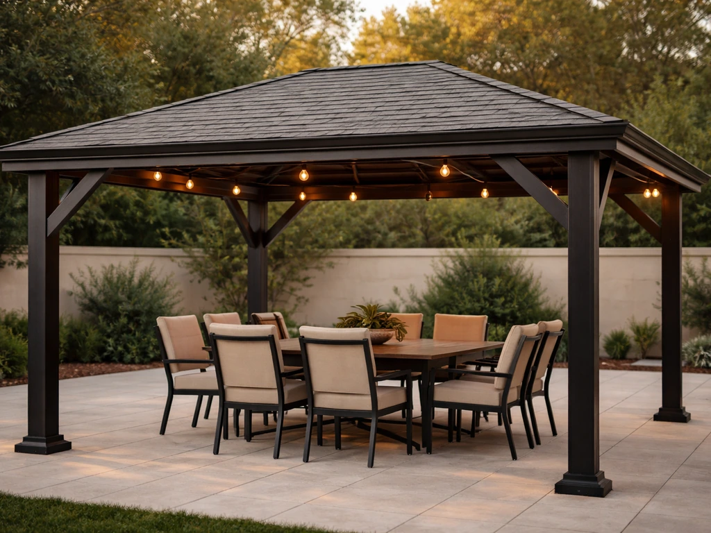 High-end patio gazebo centered over a dining set, showing anchored legs and sturdy roof structure.