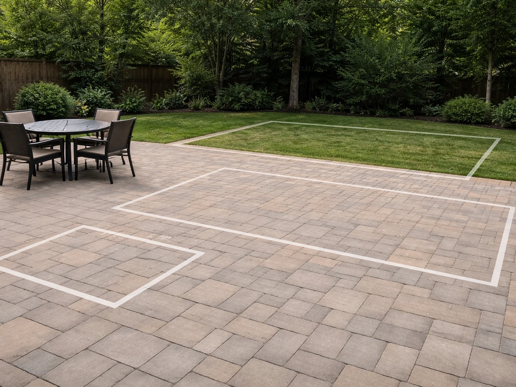 Minimal patio photo showing three gazebo footprint outlines and chair pull-out clearance space.