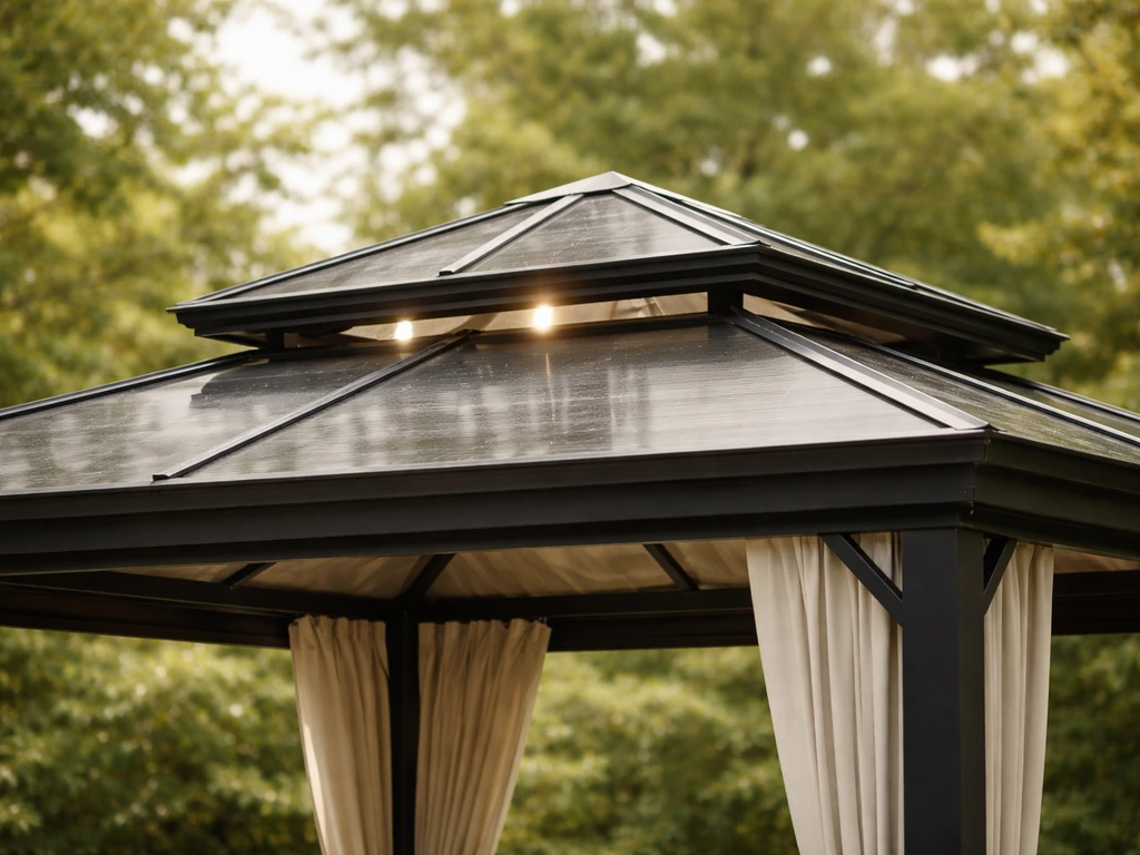 Double-roof gazebo with visible ventilation gap between inner and outer panels under natural daylight