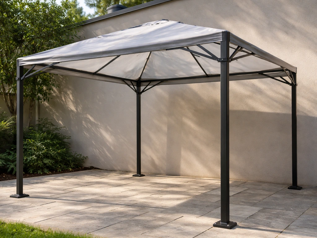 ABCCANOPY-style steel-frame canopy gazebo on a patio, showing sturdy legs and clear canopy texture.