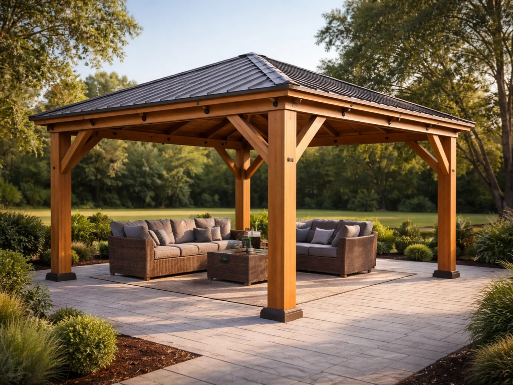 Yardistry 12x14 cedar gazebo over a wide patio, highlighting large coverage and full footprint.