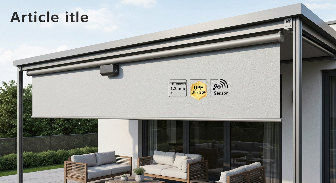 Photorealistic patio with a high-quality powder-coated aluminum awning, textured solution-dyed fabric, and inset icons for frame thickness, UPF 50+, and wind sensor.