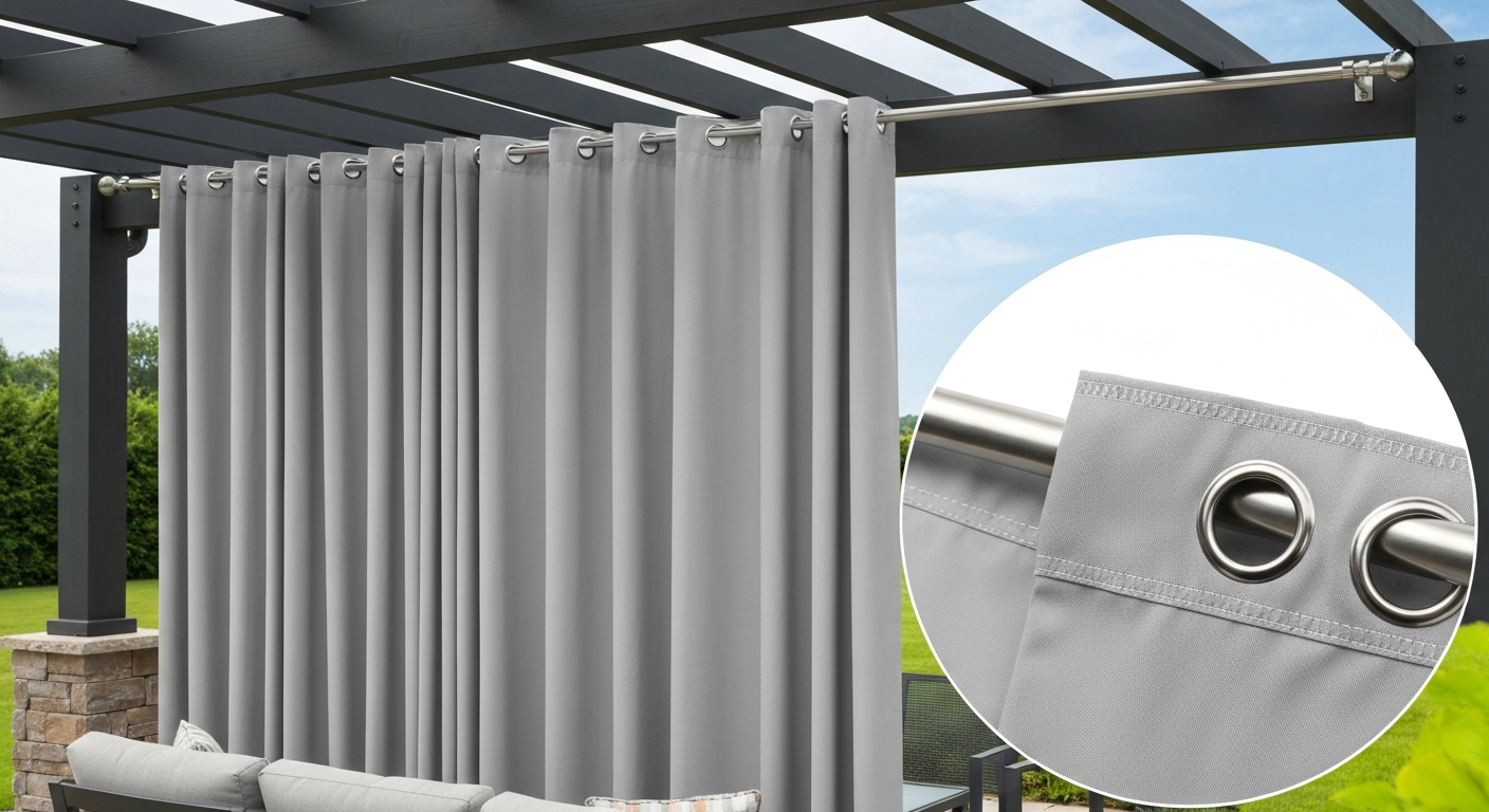 Covered patio with grommet-top patio panels in light gray, showing stainless steel grommets and clean folds.