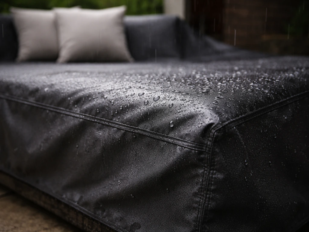 Waterproof patio furniture cover draped over an outdoor sofa with raindrops beading in light rain.