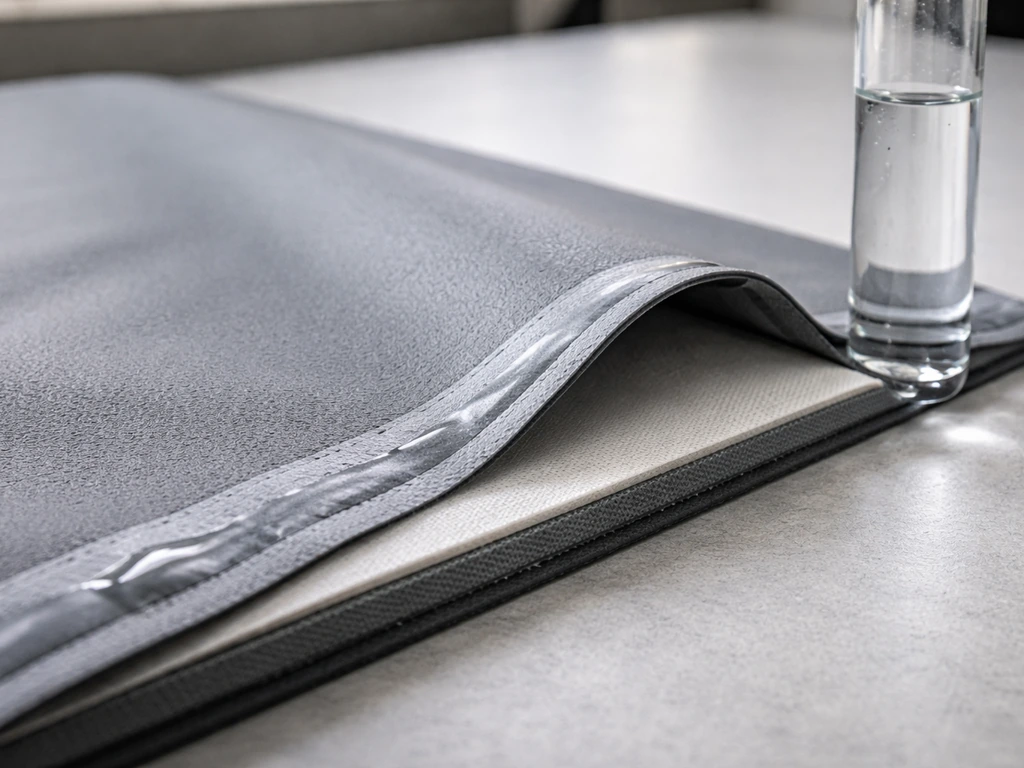 Close-up of layered waterproof fabric with sealed seam and a simple water-pressure test setup.