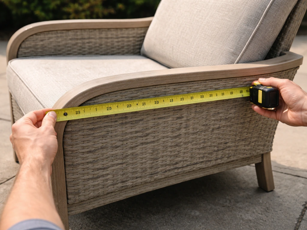 Person measuring patio furniture width at the widest points including armrests with a tape measure.