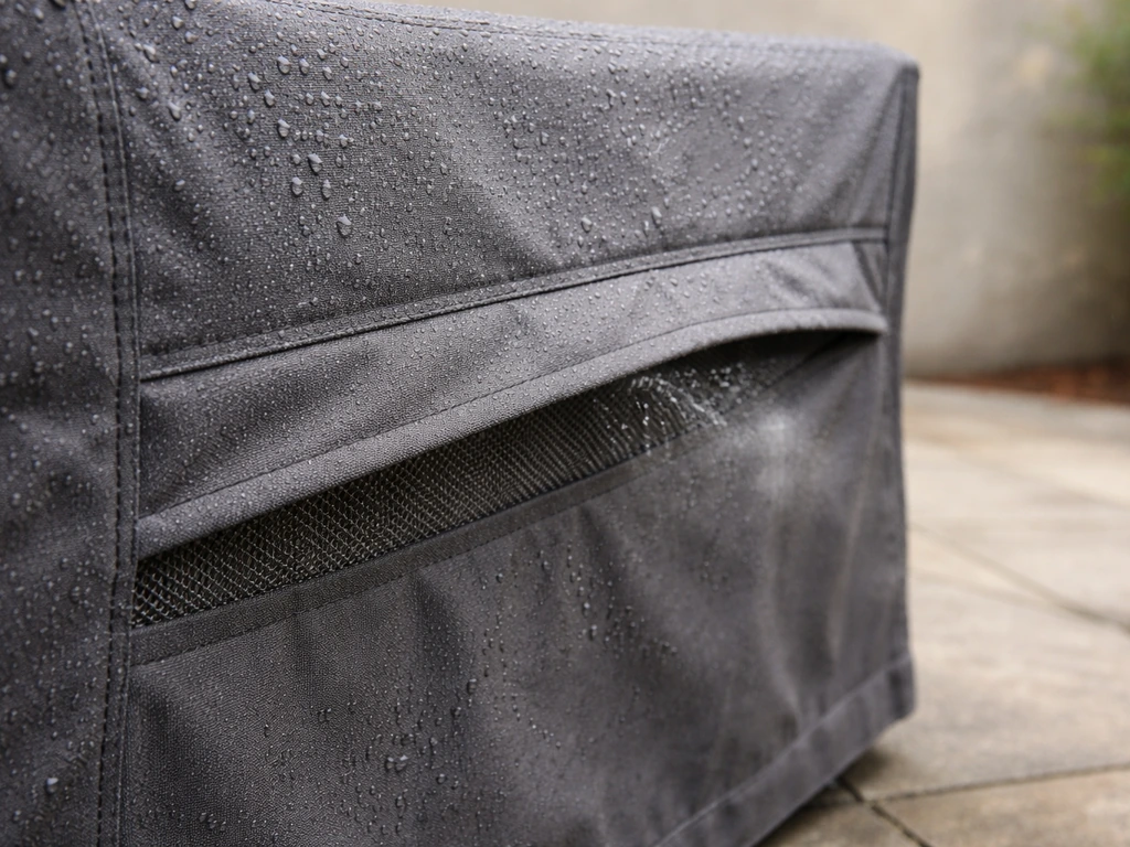 Close-up of a waterproof outdoor furniture cover’s breathable side vent with visible condensation droplets