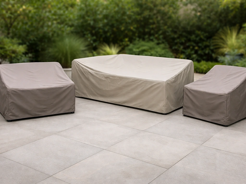 Three waterproof patio furniture covers laid out for loveseat, sectional, and chair on an outdoor patio.