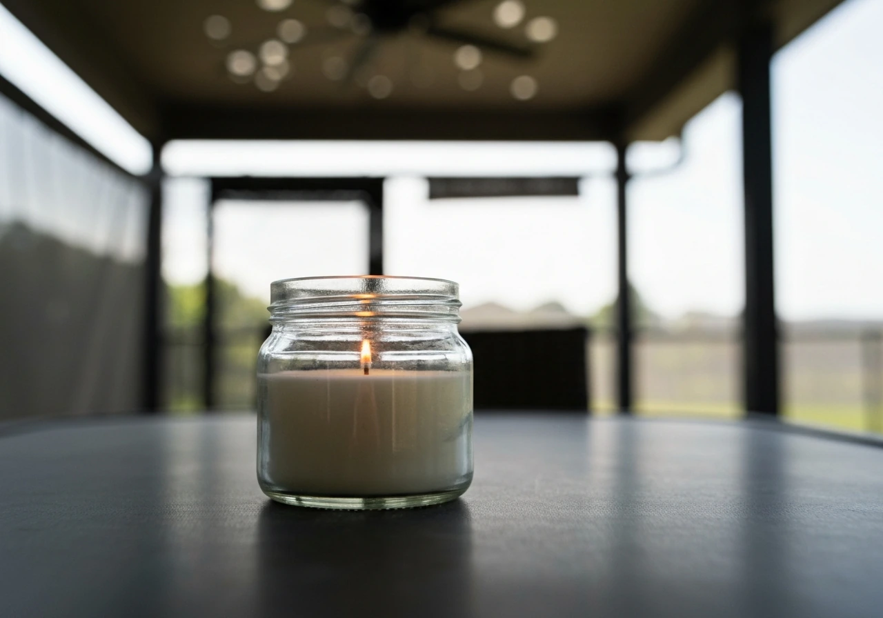 Close-up of a Skeeter Screen patio candle jar on a covered patio table with mosquito-screen details behind