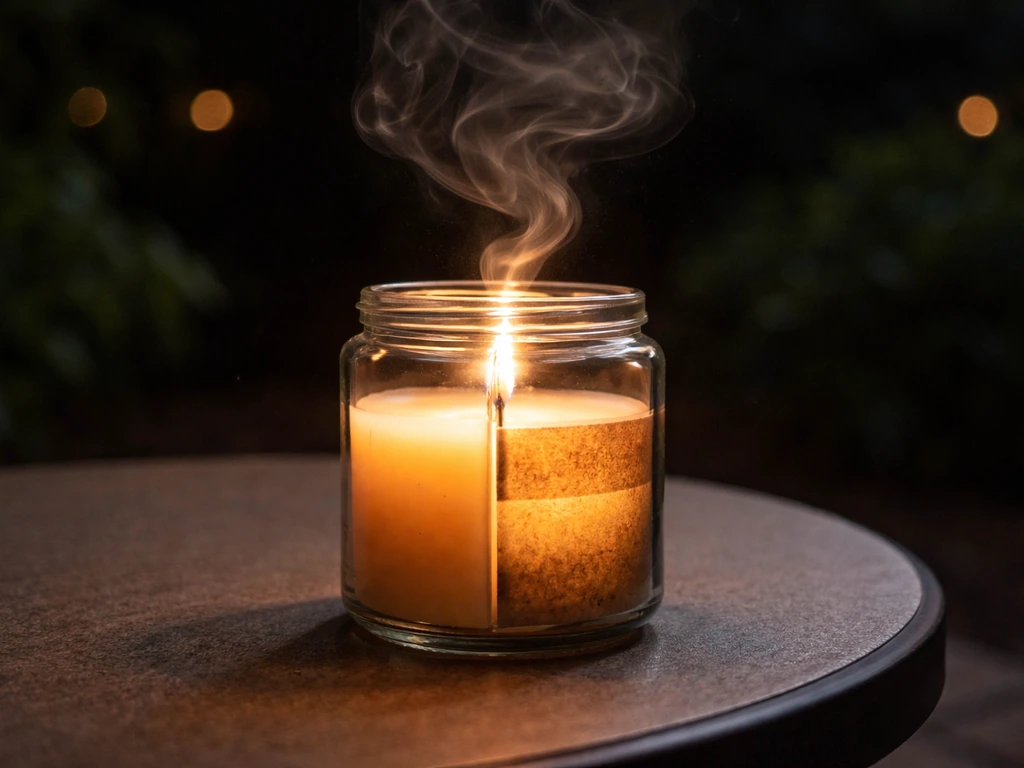 Cutaway view of a jar patio candle with warm glow and faint mist diffusing upward into the air.