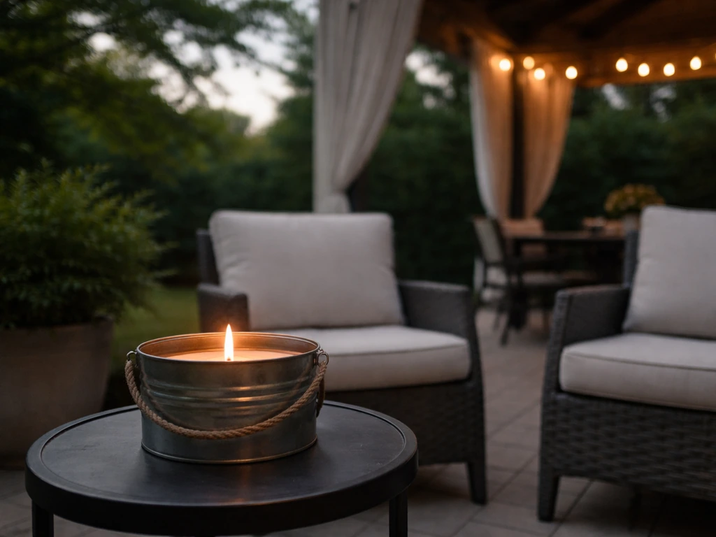 Dusk patio dining setup with a Skeeter Screen repellent candle near empty chairs, showing mixed-use real-world condition