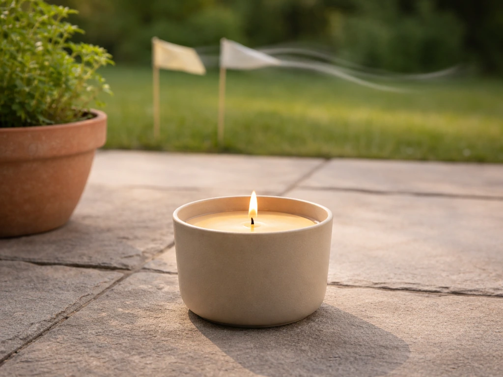 Outdoor candle on a nonflammable patio surface with breeze flags indicating wind and ventilation safety.