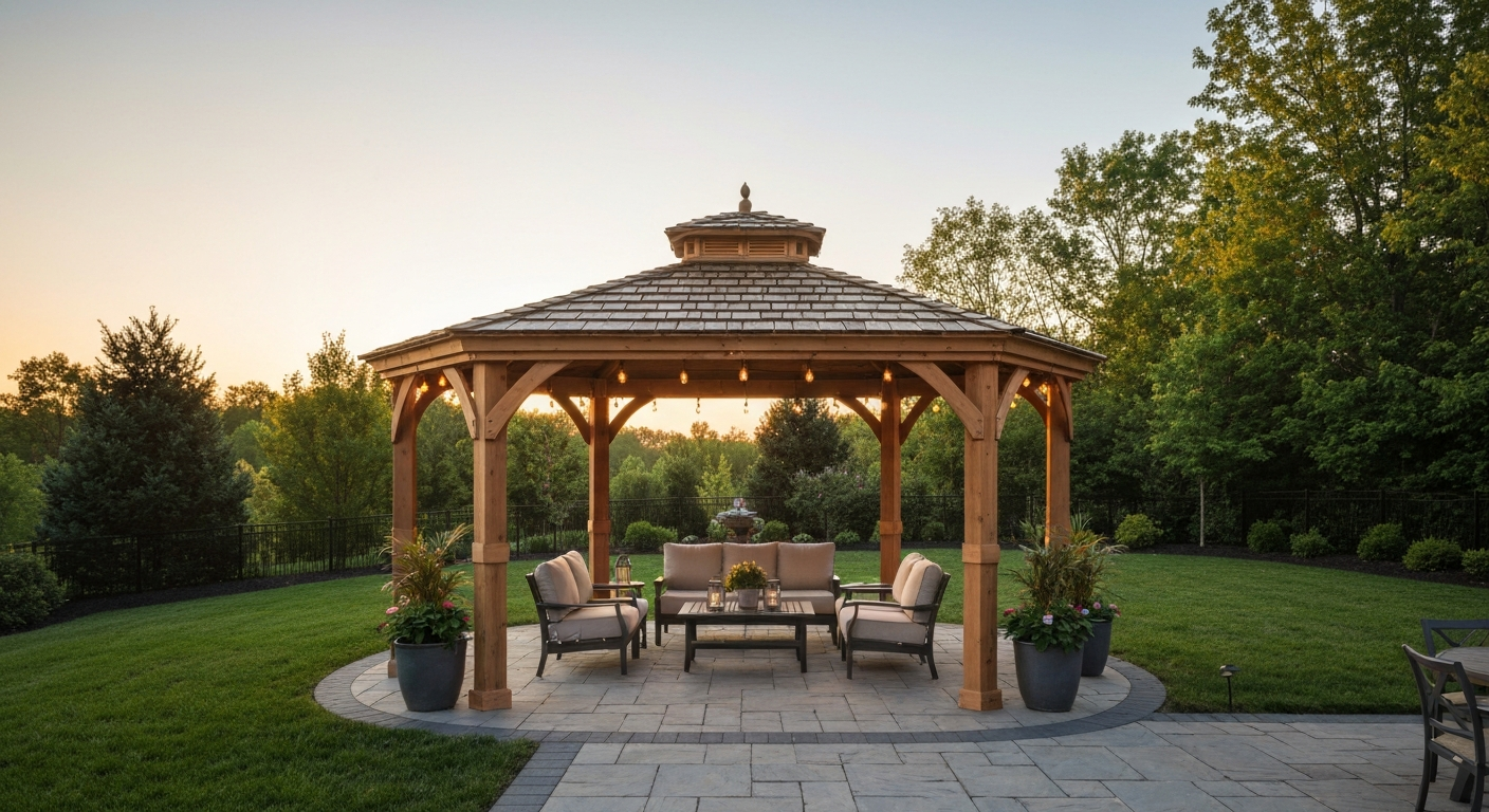 Cedar hard-top gazebo on a patio with outdoor seating at sunset.