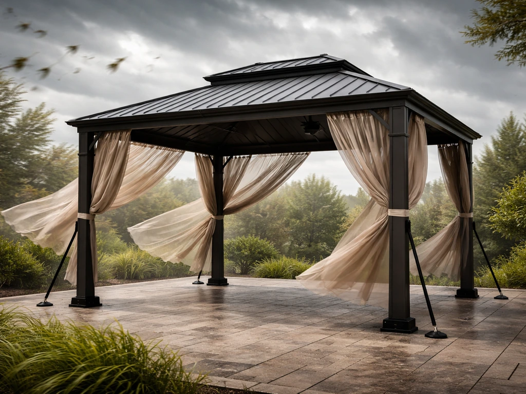 Windy patio scene with a securely anchored gazebo standing rigid as gusts swirl around it.