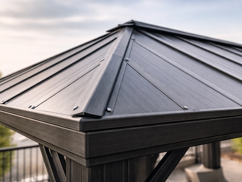Close-up of a pitched hard-top gazebo roof profile with aluminum/steel beams catching light.