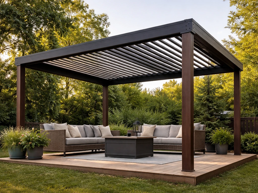 Louvered aluminum slat gazebo roof with visible gaps in a quiet backyard, showing venting design.