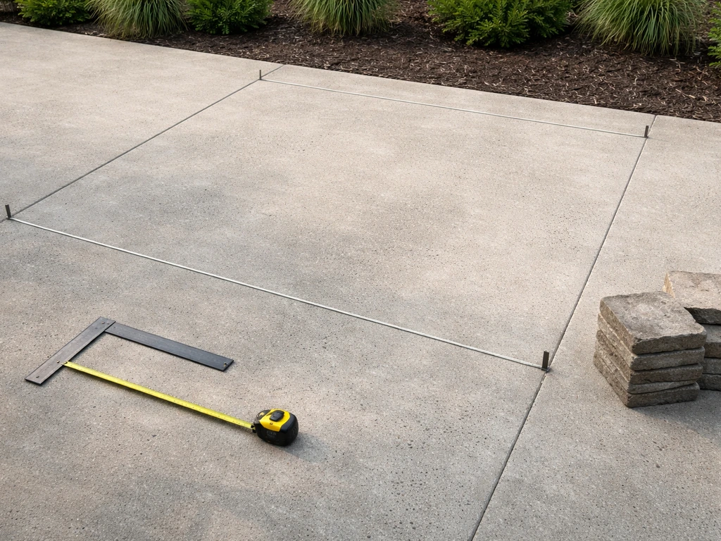 Measuring tape and framing square laid on a patio to outline a 10x10 style footprint for wind suitability.