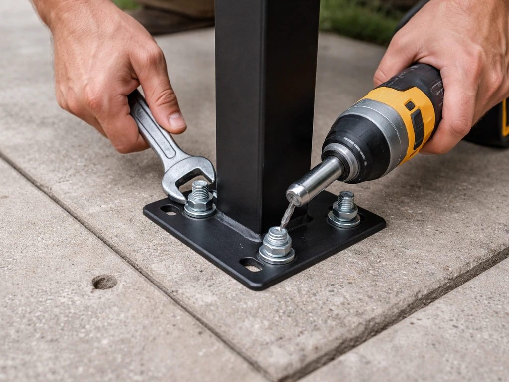 Hands drill and tighten anchor hardware on a gazebo leg into a concrete patio