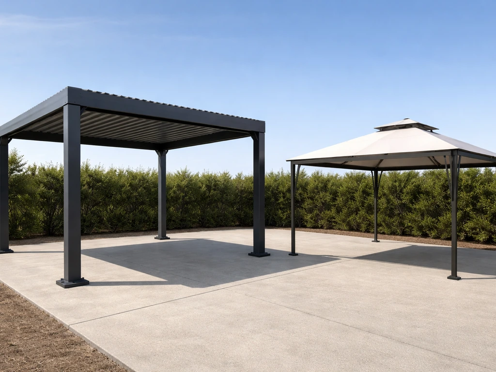 Premium louvered-roof gazebo on a concrete slab beside a lighter anchored outdoor shelter