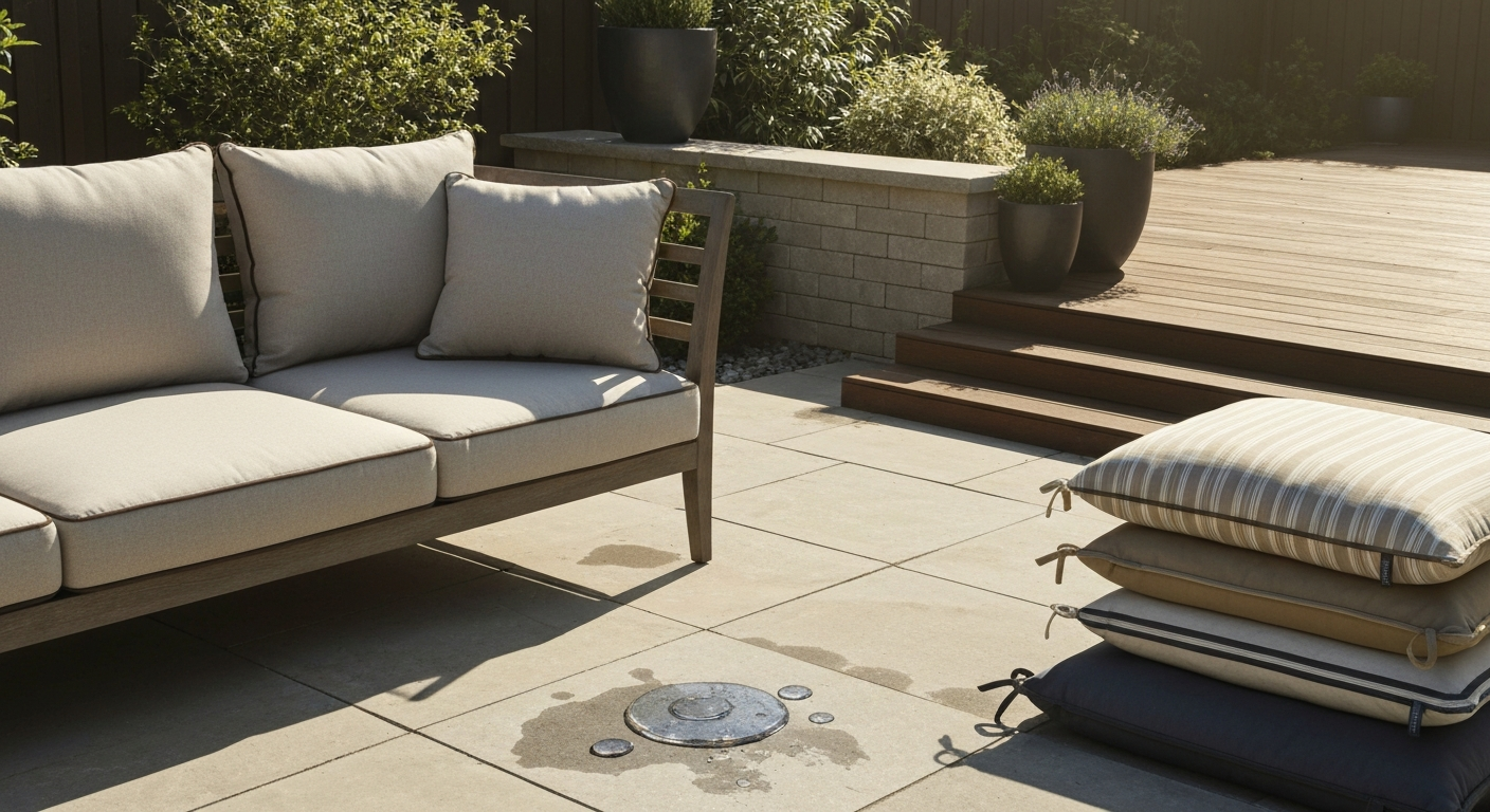 Outdoor patio scene with multiple Sunbrella patio cushions on a deep-seat sofa and dining chairs, showing color options and water beading.