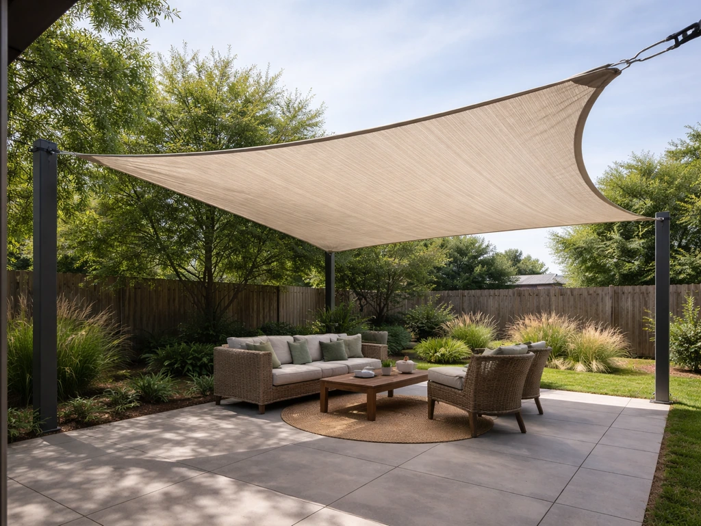 Taut patio shade sail covering outdoor seating, spanning the patio with visible mounting and realistic shadows.