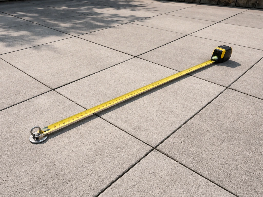 Tape measure stretched on a patio floor between two anchor points, illustrating anchor-to-anchor measuring
