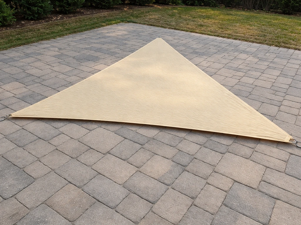 A 10–12 ft equilateral triangular shade sail laid on the ground with corner hardware points visible.