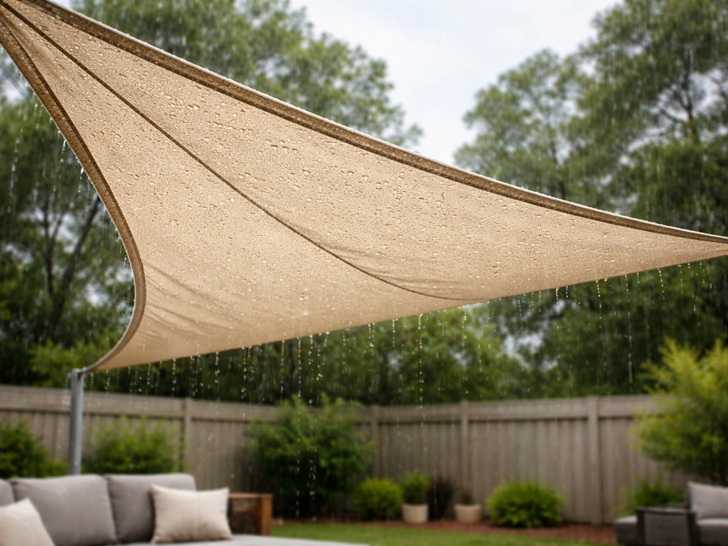 Outdoor shade sail rippling in a light breeze with light rain droplets passing through the fabric