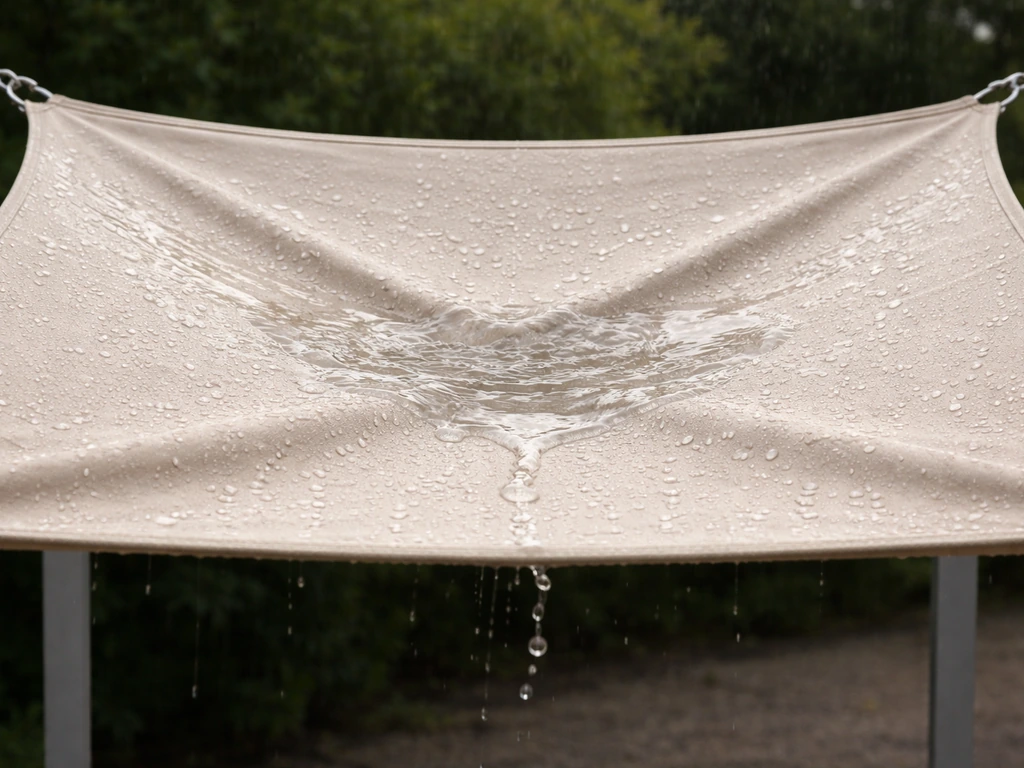 Close-up of a fabric sail corner installation with uneven corner heights causing water pooling at center.