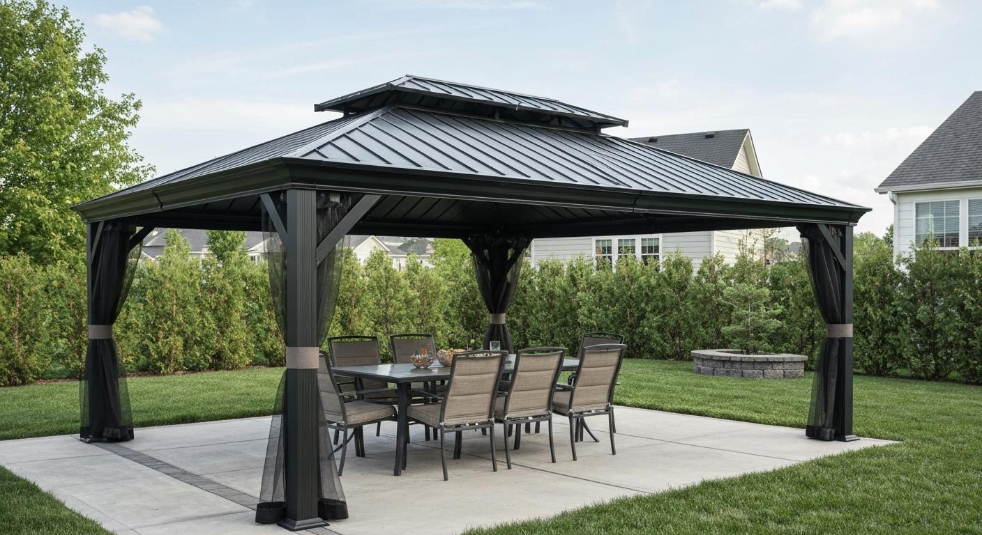 10x12 hardtop gazebo with galvanized roof, powder-coated steel frame, integrated gutters, mosquito netting partially drawn, over a dining table on a paved patio.