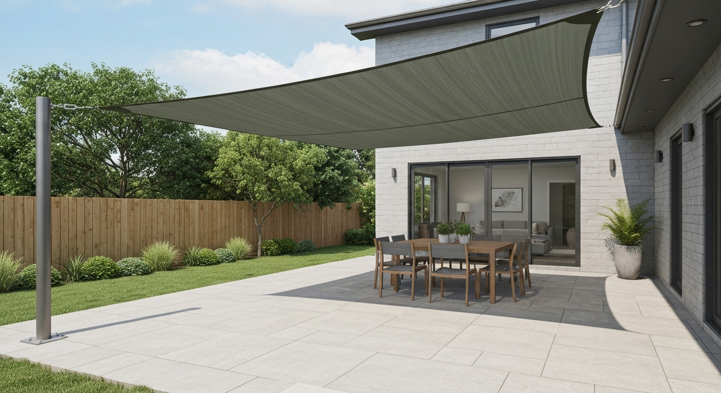 Charcoal rectangular shade sail (HDPE) tensioned over a backyard dining area with visible stainless-steel hardware and slight slope.