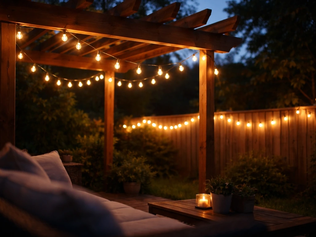 Dusk patio with warm-white string lights draped across a pergola, glowing softly over a quiet seating area.