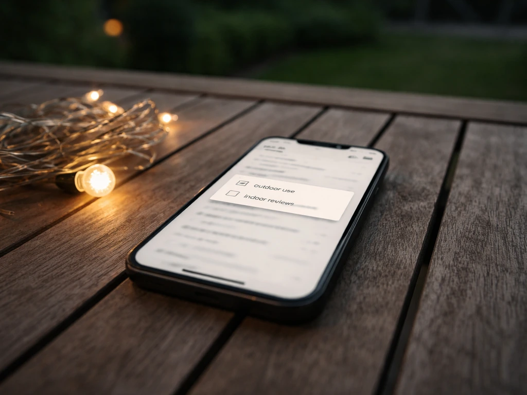 Smartphone on a patio table with string lights, showing a blurred review filter for outdoor vs indoor-only use.