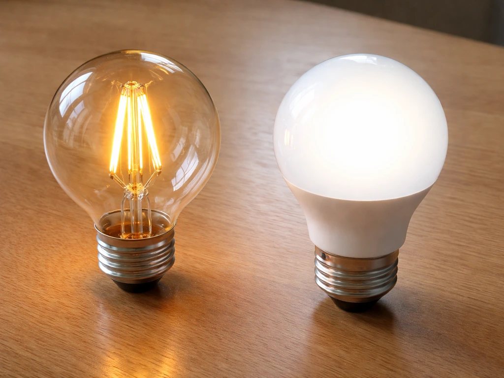 Two LED bulbs side-by-side showing warm amber Edison glow and a cooler standard LED light.