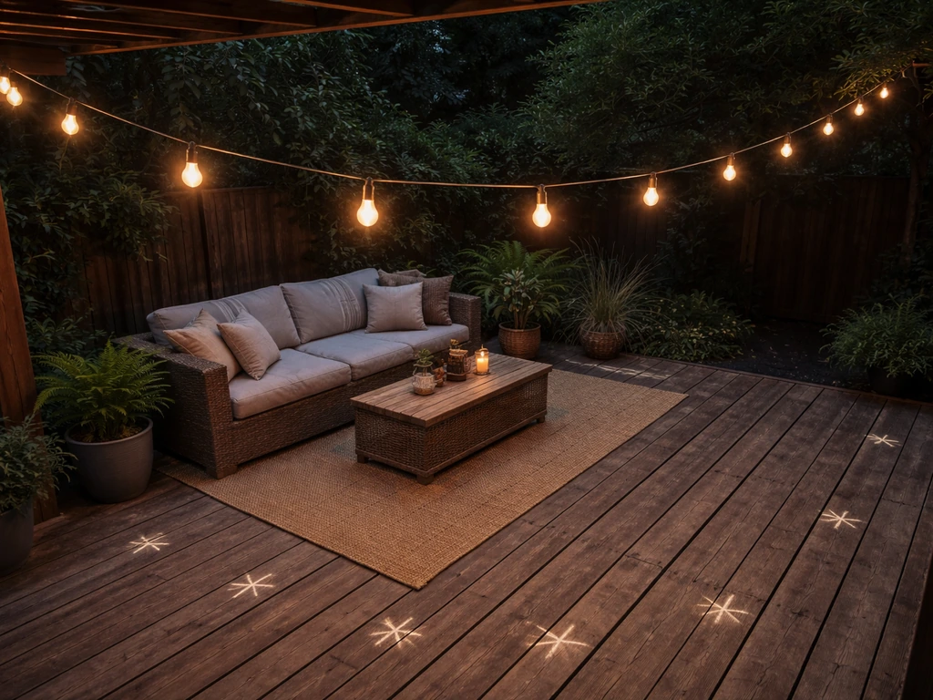 Angled patio deck view showing evenly spaced outdoor string lights with subtle non-text spacing markers.