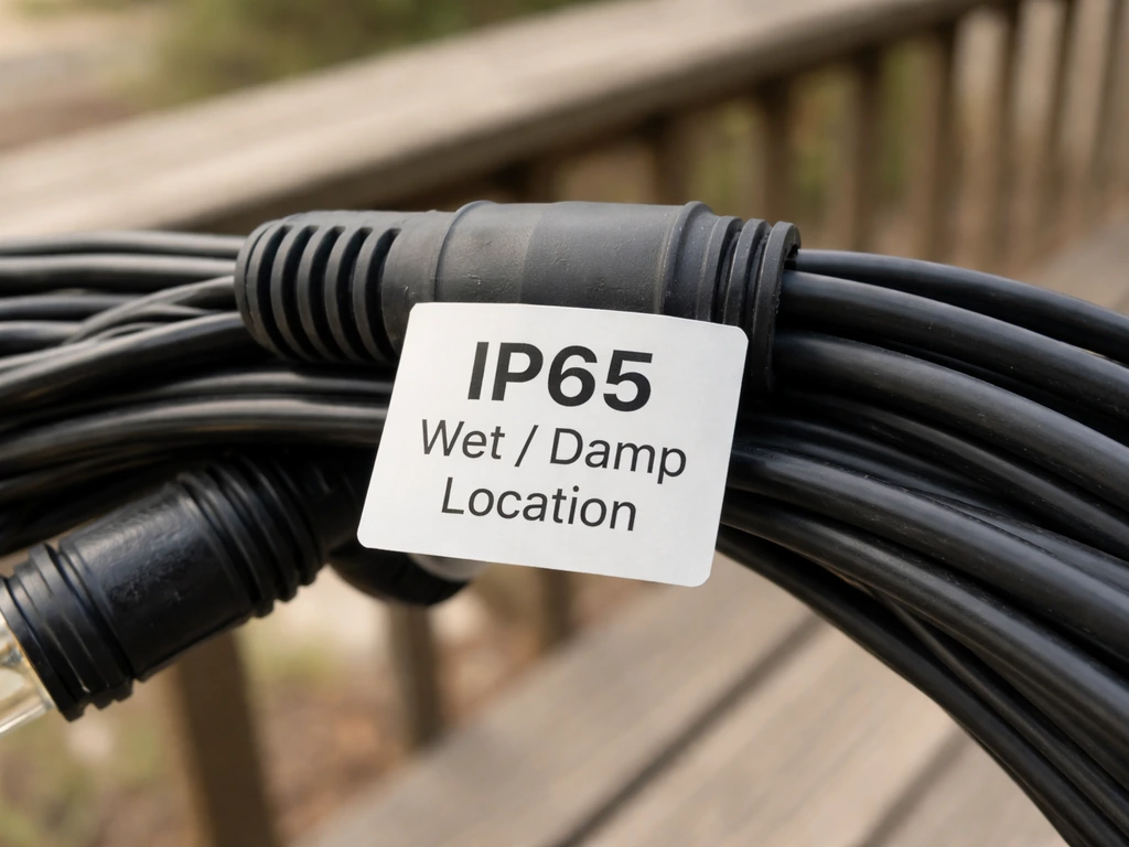Close-up of an outdoor string light product label showing IP rating and wet/damp location wording