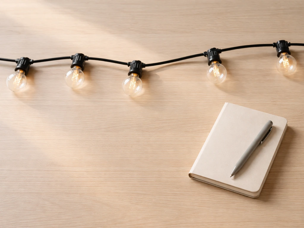Minimal tabletop scene with several unlit patio string light bulbs and a small notebook for a quick comparison.