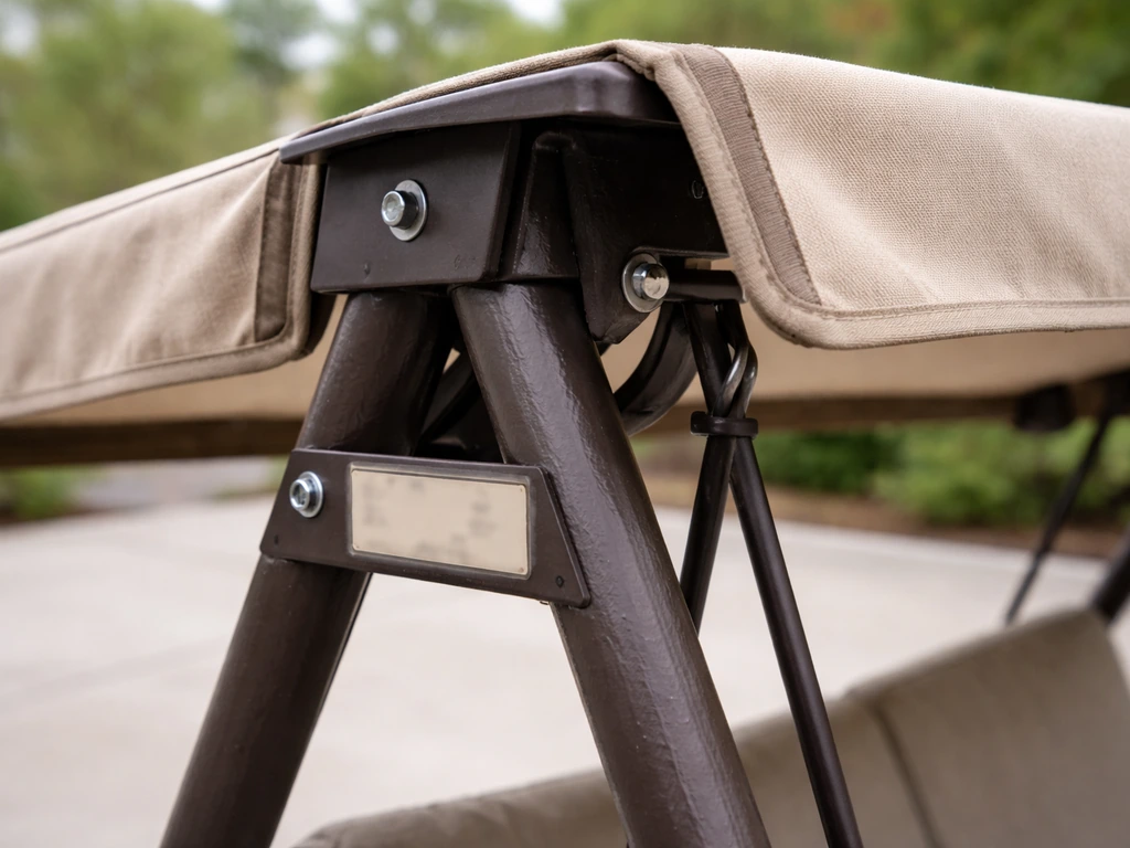 Close-up of a patio swing frame and canopy attachment points with an illegible brand/model tag.