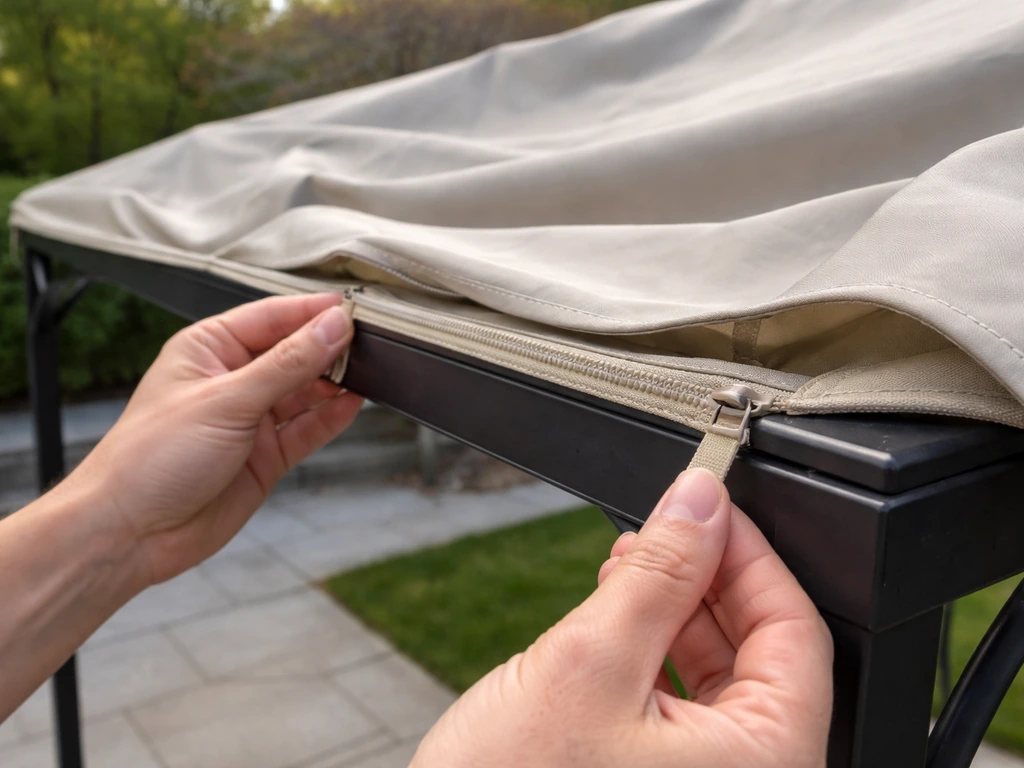 Canopy fabric being laid over a frame with zipper aligned to the front rail