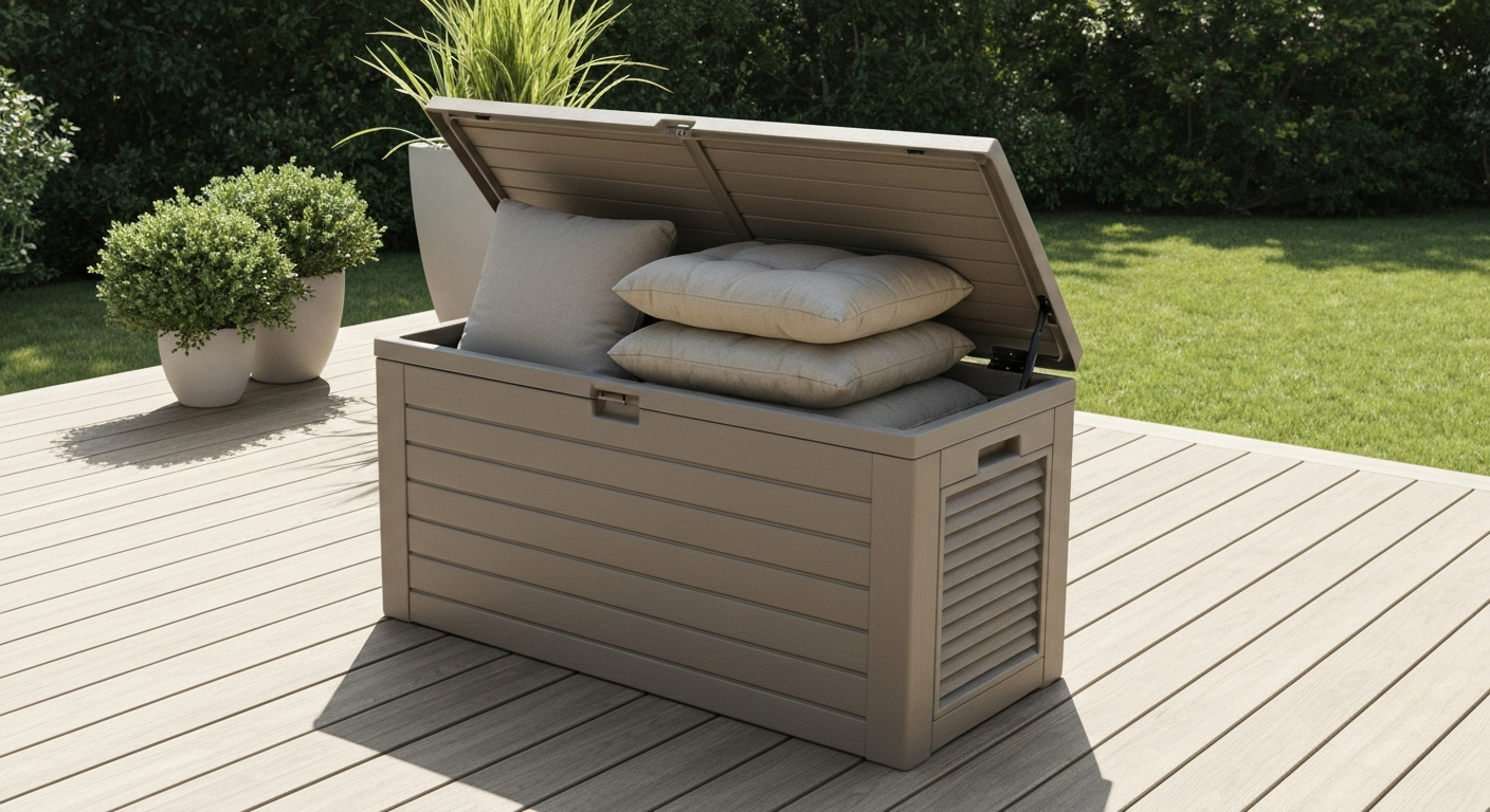Photorealistic resin deck box (120–150 gal) on a sunlit patio with lid open showing neatly stacked cushions inside, illustrating interior capacity and material texture.