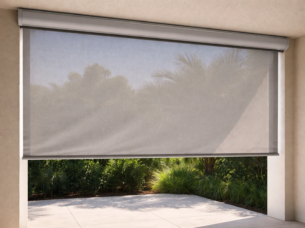 Outdoor roller shade cassette mounted above a patio opening with fabric drawn down to block sun.