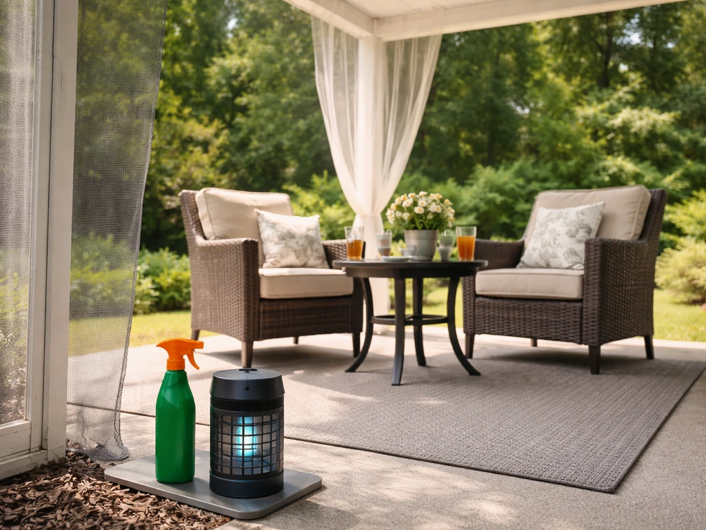 Covered patio with seating, mesh barrier, and visible repellent and bug trap setup to stop patio bugs