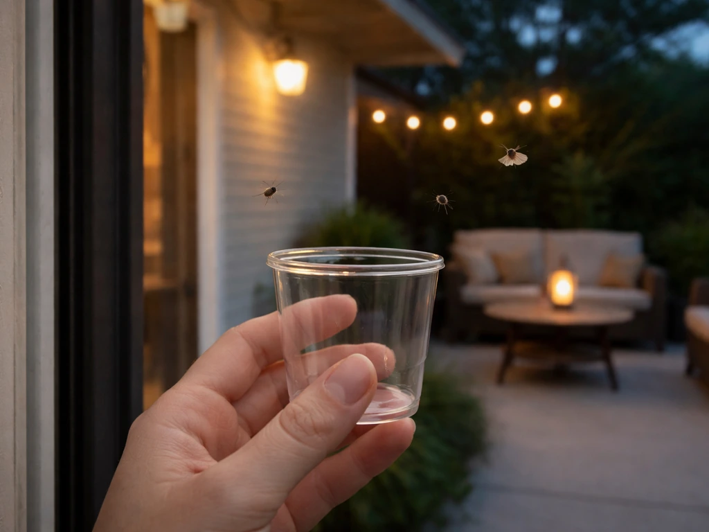 Hand holding a cup on a quiet patio with a few insects hovering near a doorway light.