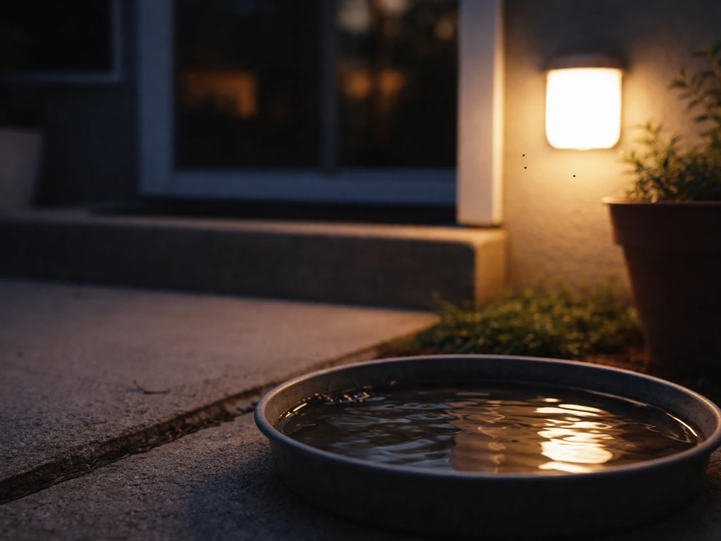 Patio corner with a small saucer of standing water near bright white light where tiny insects gather.