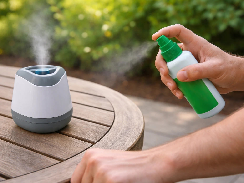 Outdoor scene contrasting a spatial repellent dispenser with a skin-applied spray bottle ready to use.