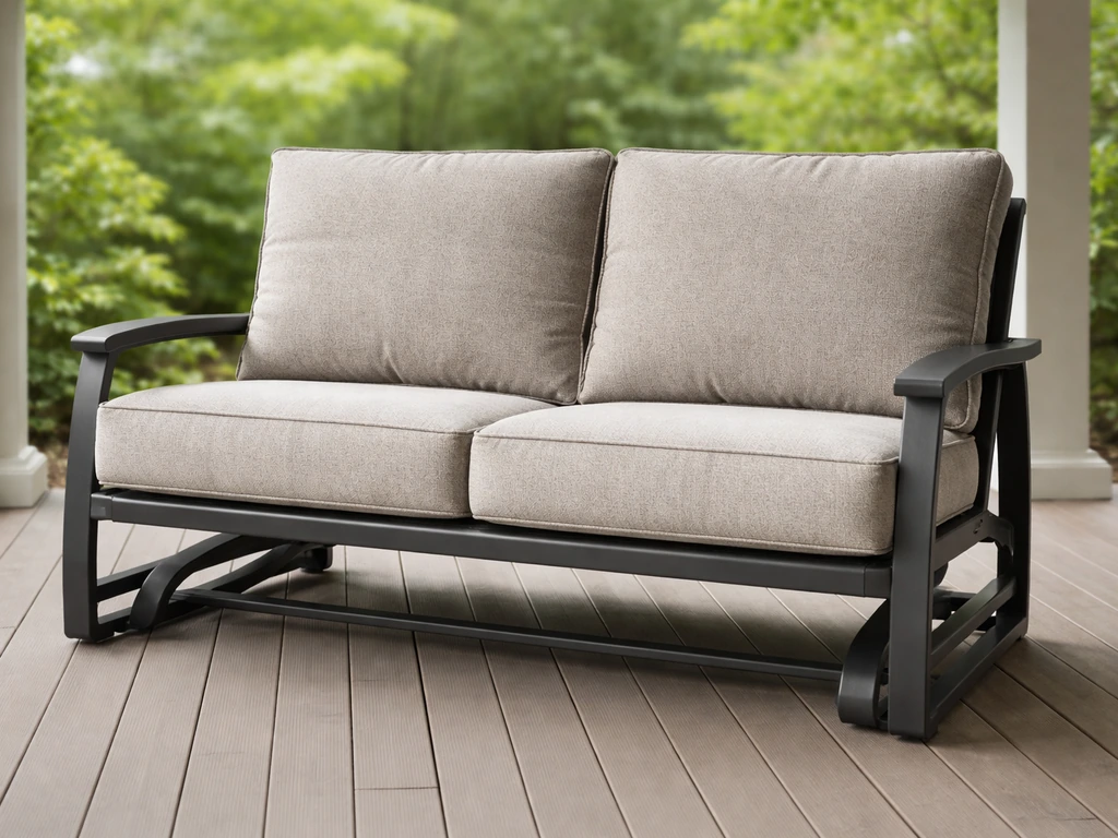 Premium patio glider with plush cushions on a covered porch, showing durable frame materials